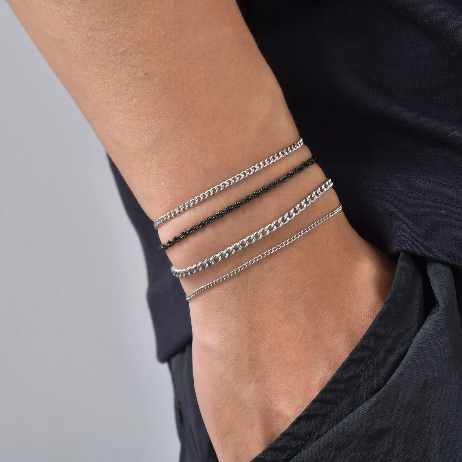 4-teiliges Kettenarmband-Set für Männer und Frauen, Edelstahl Gedrehte Seil-Kubanische Kette Armband, Hip-Hop Minimalistischer Schmuck Geschenk – Detail 4