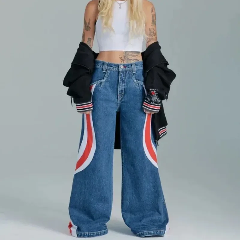 Button American Retro Baggy Jeans High Waist Y2k Wide Leg Pant Patchwork Printed Harajuku Straight Trouser Casual Pant For Women