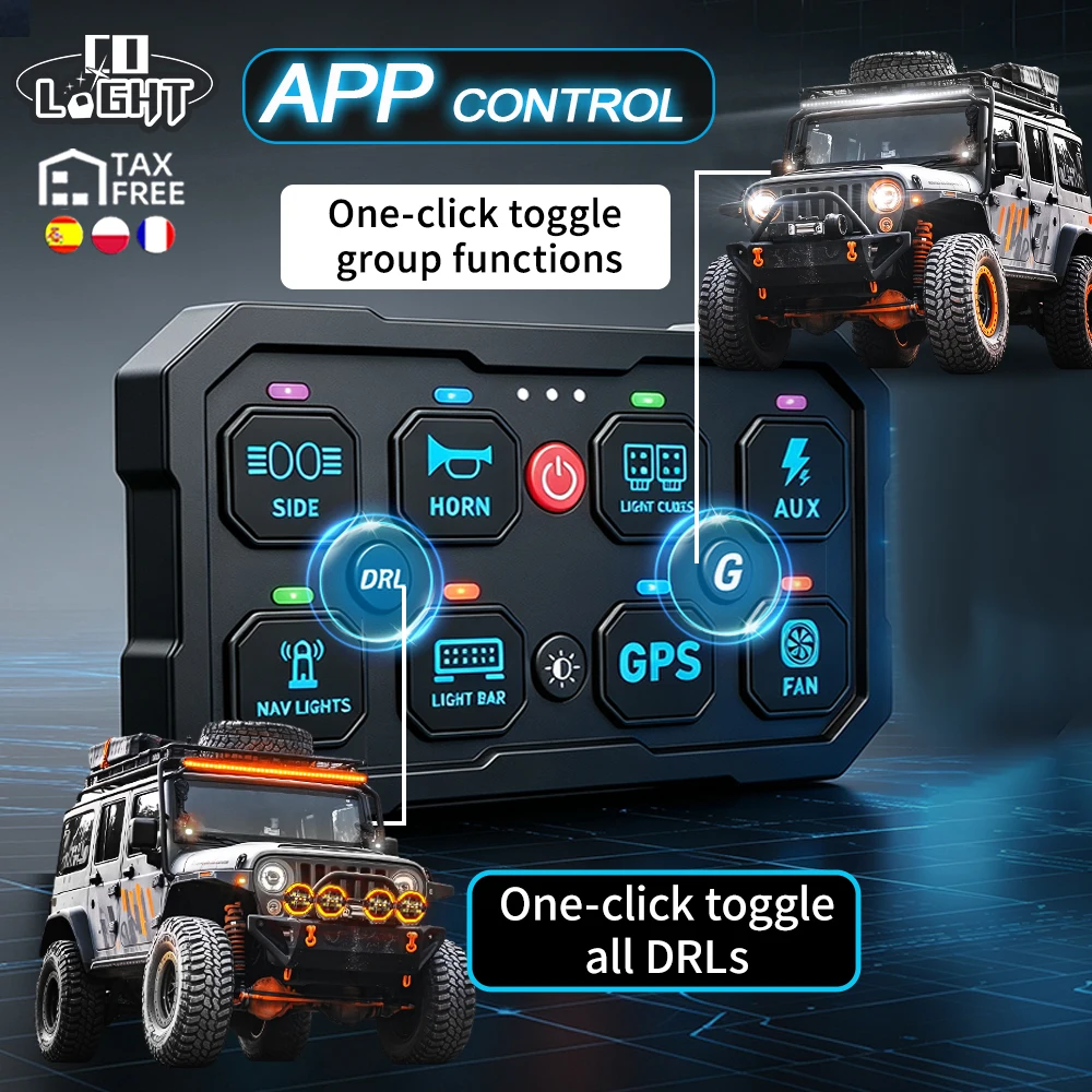 CO LIGHT APP 8 Gang Switch Panel One‑Click DRL Toggle Group Function Multi Strobe Modes Circuit Control Box For SUV Pickup ATV