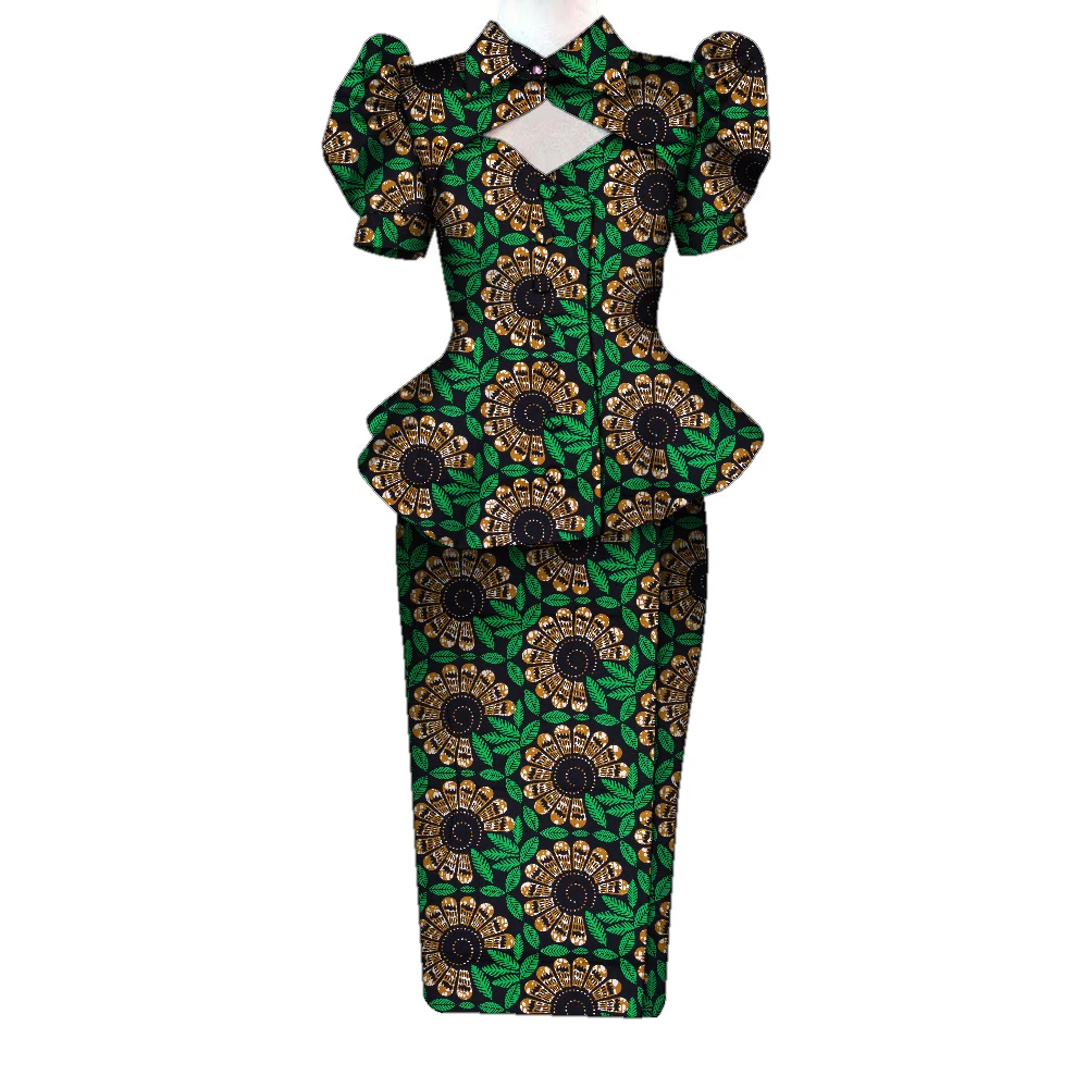 

2pcs Set Ankara Short Sleeve Crops Tops & Skirt Set Buttons Shirt Women Dress Dashiki Party Suits African Women Clothing Wy1909