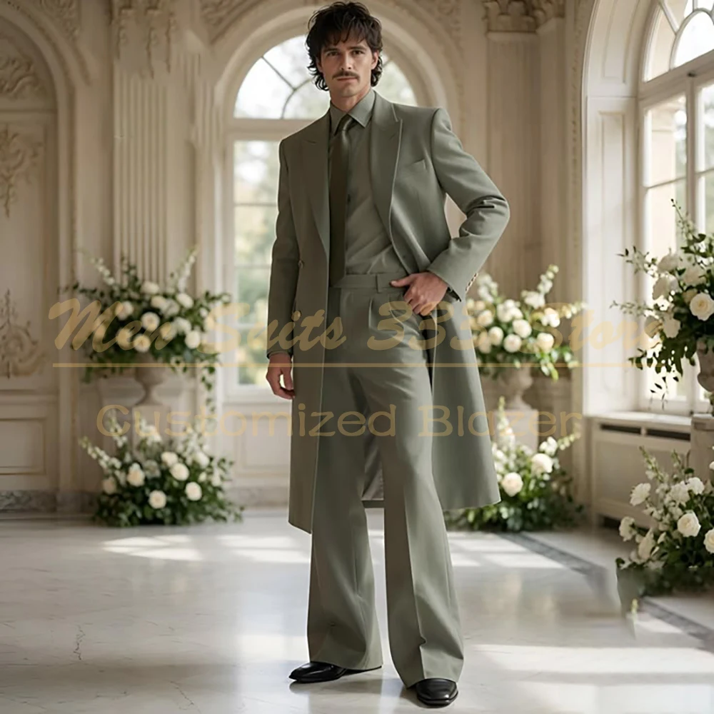 

Elegant Men's Suits High Quality Double Breasted Peak Lapel Long Blazer Customized Wedding 2 Piece Jacket Pants Full Sets