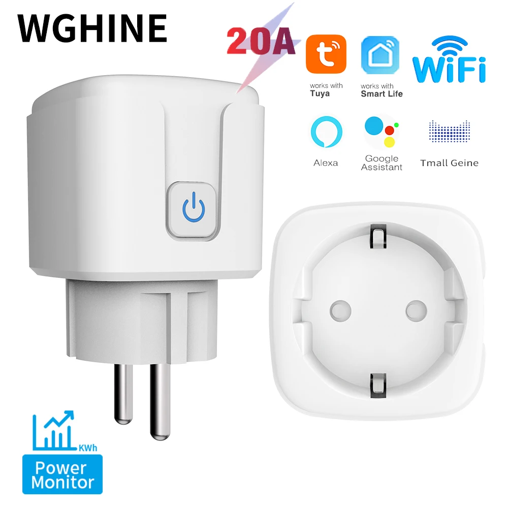 

WGHINE Tuya WiFi Smart Socket 16A/20A EU Remote Control/Timing/Battery Monitoring Compatible With Google Home&Alexa