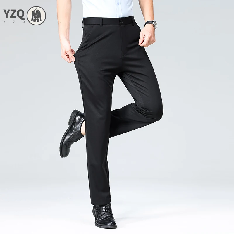 Soft Textured Male Formal Long Pants Anti Crease Stretch Fabric Logo Waist Belt Loop Office Banquet All Match Bottoms