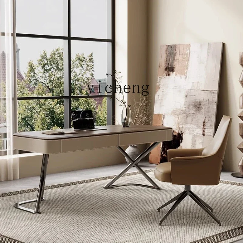 

saddle leather solid wood desk simple home study bedroom walnut leather office computer desk