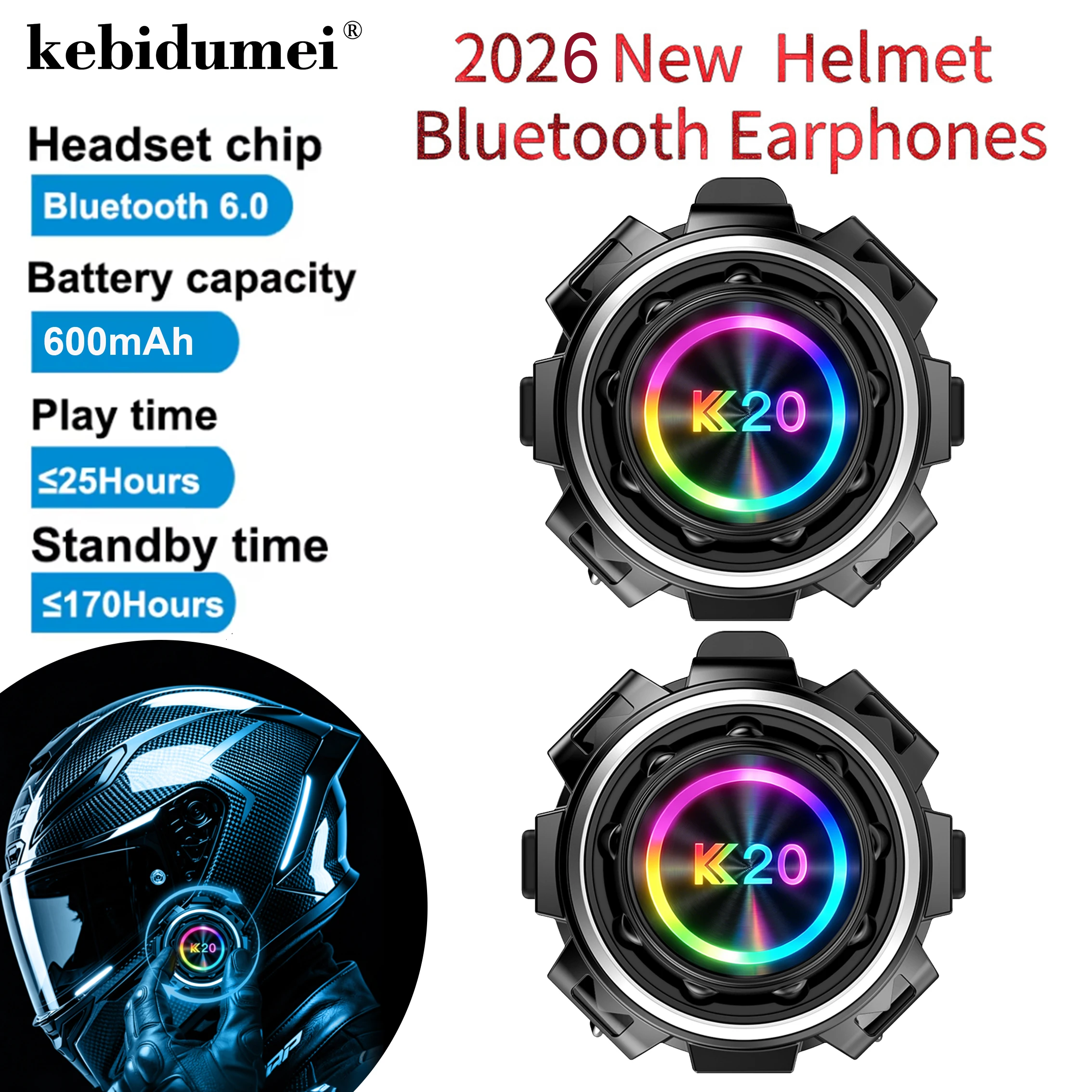 K20 Motorcycle Helmet Headset Bluetooth 6.0 Stereo Intercom Wireless Interphone Music Sharing Adapter for third-party intercoms