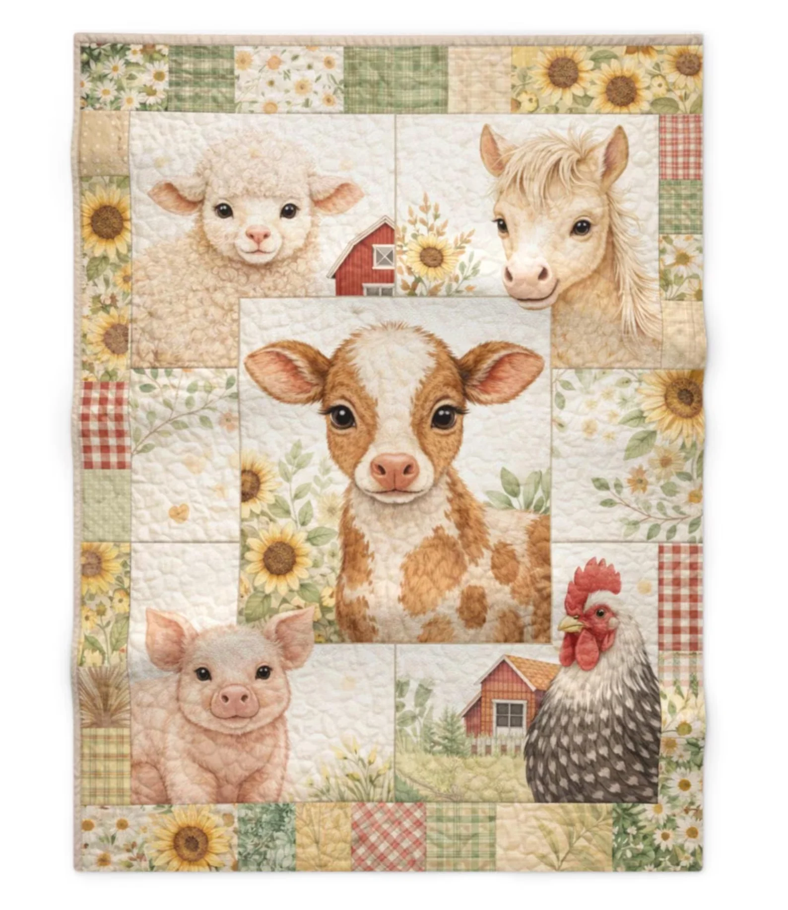 Farm Baby Animals Patchwork Blanket  Cow Pig Lamb Foal Chicken Sunflower