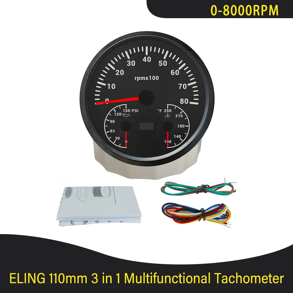 New Car Yacht Universal 110mm 3 in 1 Multifunctional 6000RPM 8000RPM Tachometer with Oil Pressure Water Temp 7 Colors Backlight
