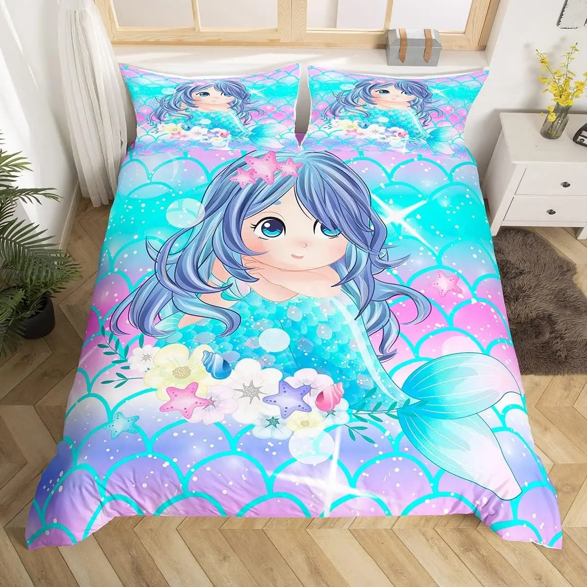 

Cute Cartoon Mermaid Duvet Cover Twin Queen Ocean Themed Bedding Set Mermaid Princess Comforter Cover for Kids Girls Room Decor
