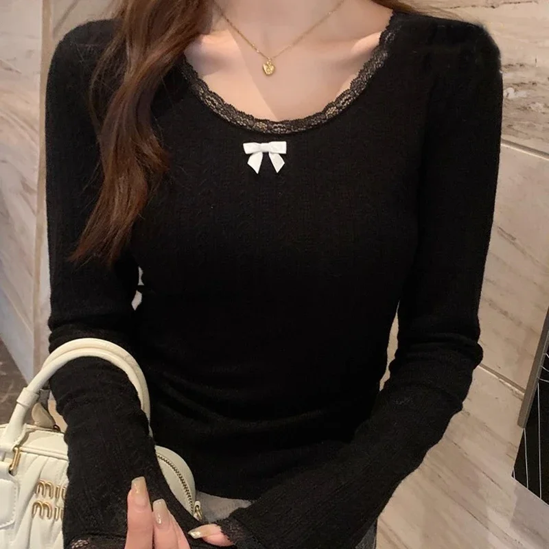 가을용 귀여운 니트 풀오버 스웨터 여성용 단색 패션 레이스 O넥 긴팔 슬림 여성 상의