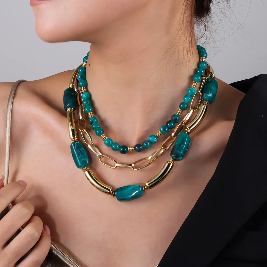 

3PCS Set Bohemian Acrylic Bamboo Beads Choker Necklace Set for Women Chunky Tube Necklaces 2025 Accessories Jewelry