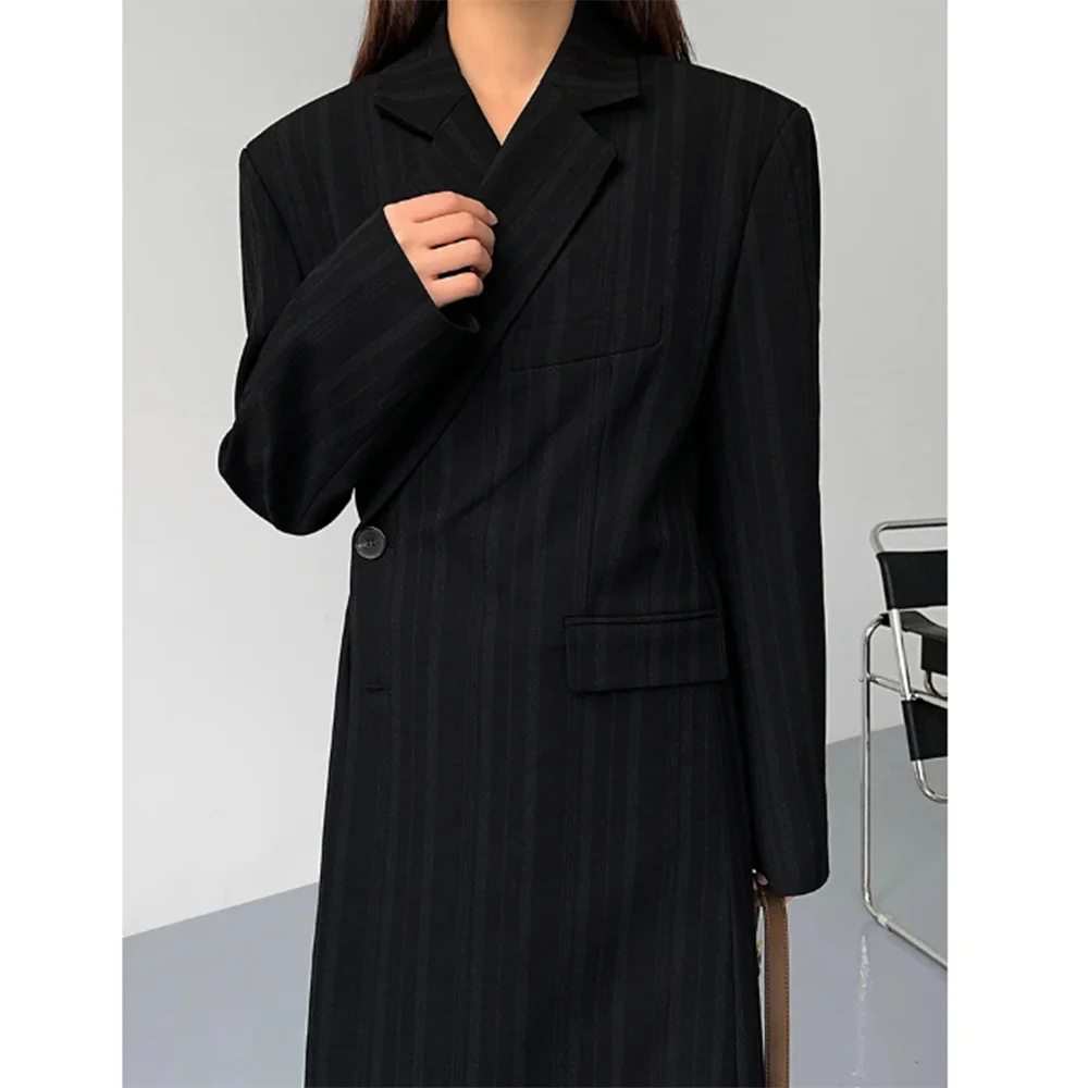 Cool Classic Black Striped Women Blazer One Button Peak Lapel Long Coat Fashion Chic Ropa Para Mujer Daily Office Loose 1 Piece