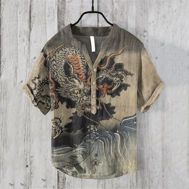 

Men's Shirt Art 3D Printed Pattern Lapel Outdoor Street Short Sleeve Button V Neck Printed Clothing Fashion Apparel