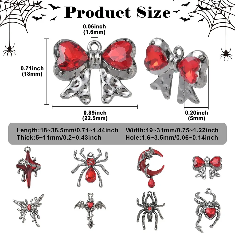 16x Gothic Red Alloy Spider Rhinestone Charms Cross Butterfly Gunmetal Halloween Jewelry Decor for DIY Bracelet Necklace Making