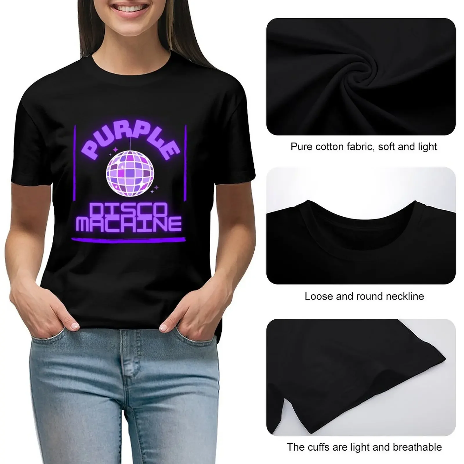 T-shirt con design a macchina da discoteca viola, grafica anime, peso pesante, stampa animalier, abito da donna