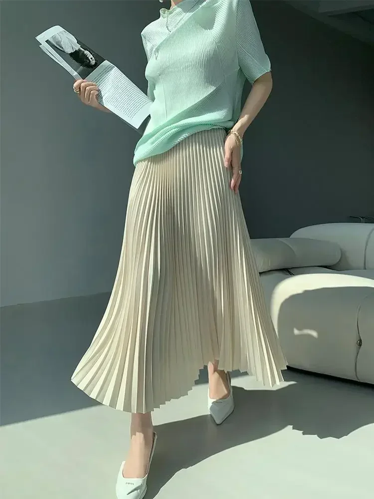 Elegante cintura alta saias longas para mulheres cintura elástica 2025 outono coreia moda saia plissada senhoras soltas saia linha a