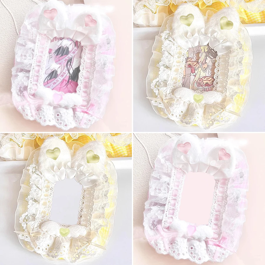 Handmade 3‑inch photo card holder, multi‑color, plush cat ear, layered lace ruffle, heart ornament, tiny bow, sweet Lolita style, for polaroid, kpop photocards, anime collectible card sleeve