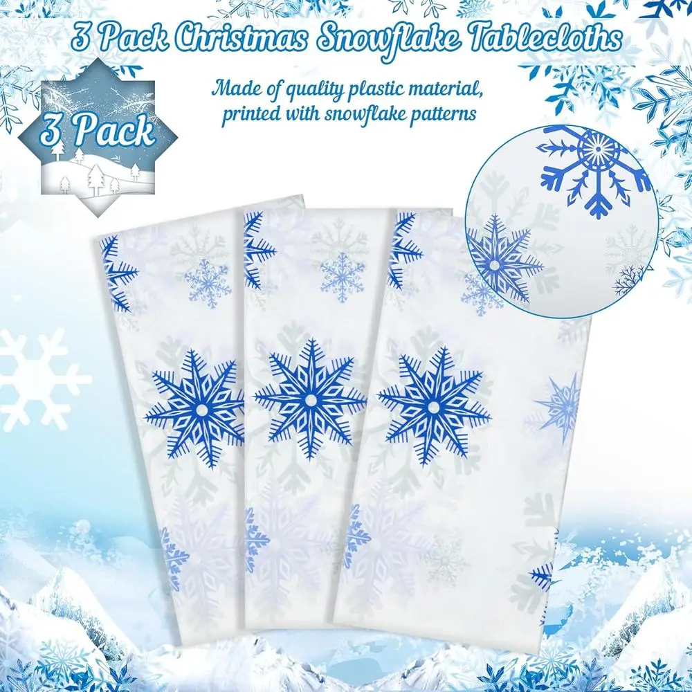 Winter Holiday Snowflake Tablecloth Set, 54x108 Waterproof Disposable White & Blue for New Year Party Decor