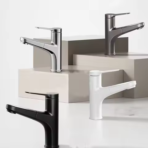 Bathroom Basin Faucet White Pull Out Faucet Hot and Cold Water Kitchen Sink Mixer Faucet Deck Mounted with Stream Shower Mode