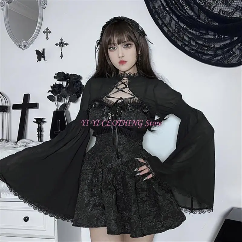 N5KF Mesh Crop Tops for Women See Through Shrug Long Sleeve Open Front Tie Cover Up Sexy Rave Outfits Sheer