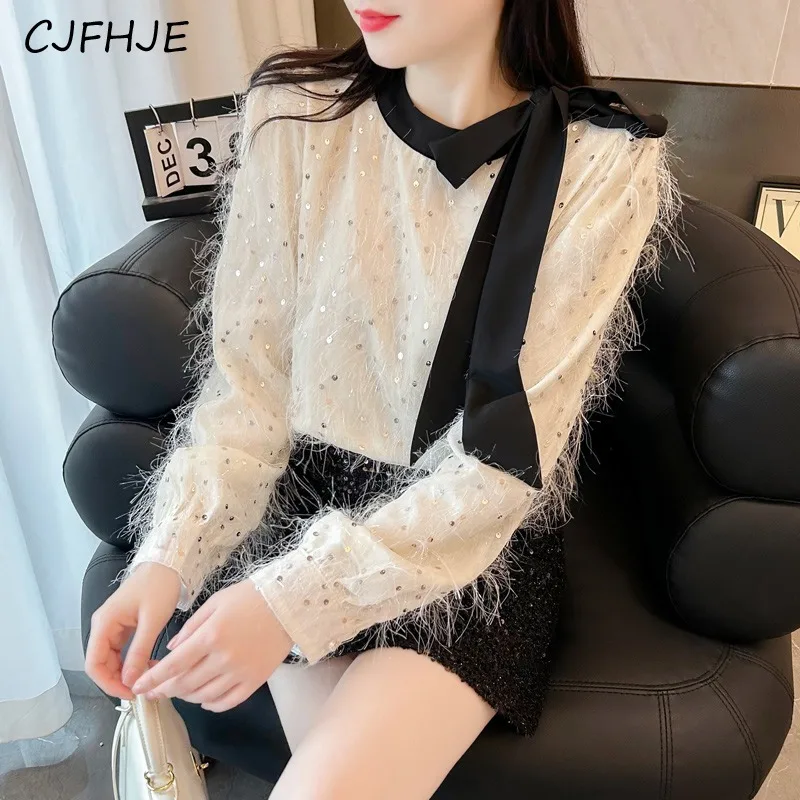 CJFHJE Spring French Women's Bow Tied Chiffon Shirt Korean Fashionable Elegant Ladies Sequin Doll Neck Long Sleeved Shirt Top