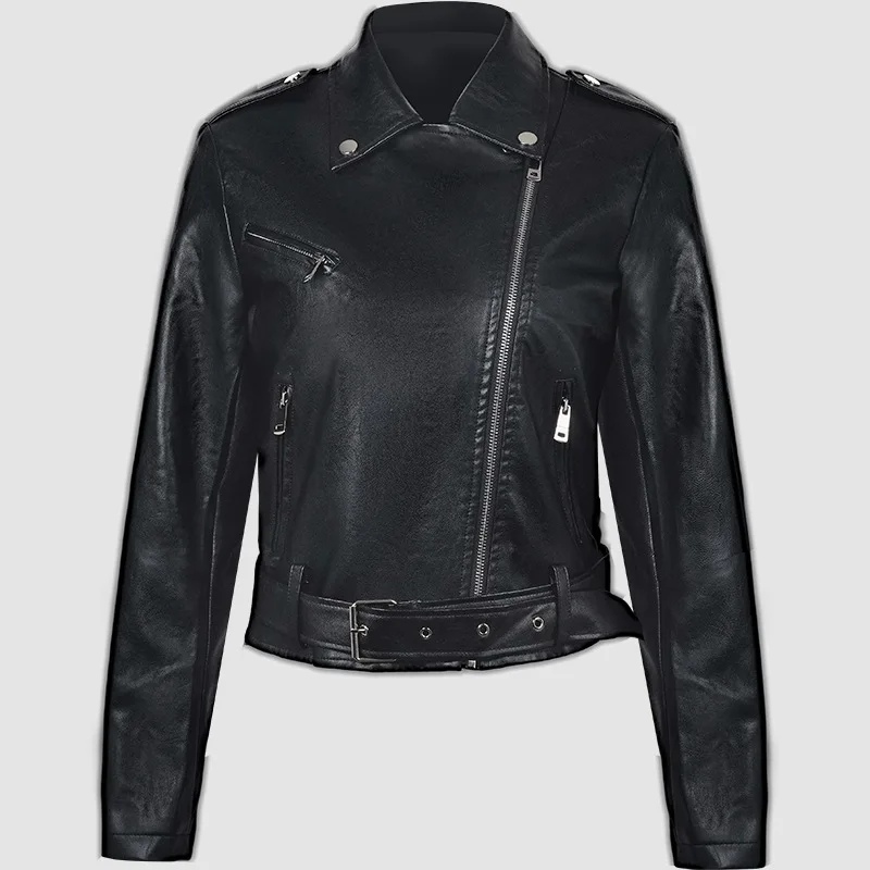 European American Turn-down Collar Short Leather Jacket With Belt Women's PU Leather Simple New Spicl Girl Style Motorcycle Coat