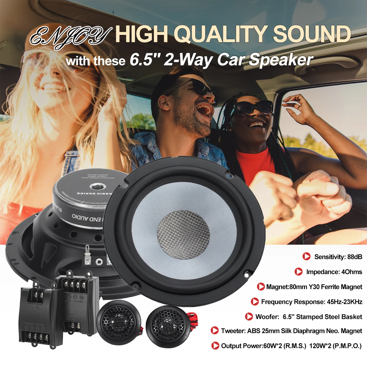 Best 2-way Car Audio Component Speaker With 2*RMS power 60W-woofers + silk dome Neodymium magnet-tweeter speakers & crossovers