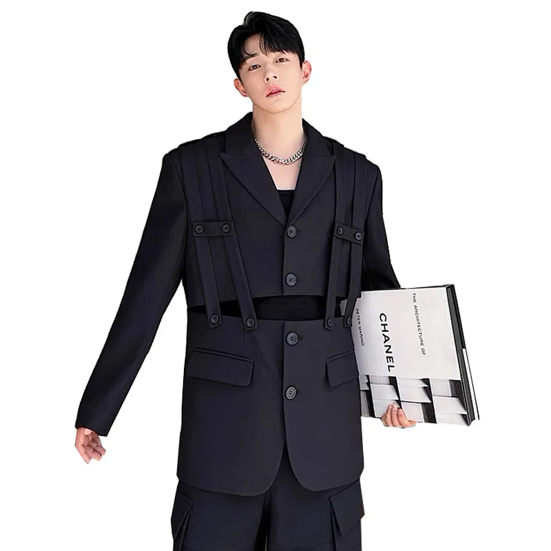 Detachable Multi Wear Methods Blazers Men Designer Loose Casual Strap Shoulder Pad Suit Jacket Blazer Male Coat Stage Clothes