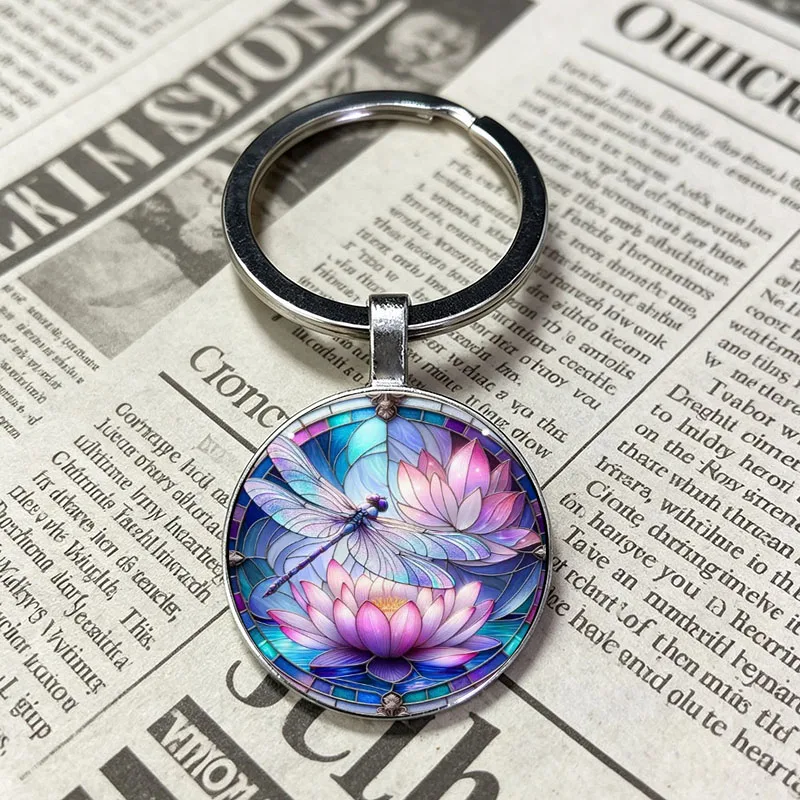 Dreamy Purple Blue Stained Glass Dragonfly Lotus Flower Round Metal Keychain, Water Lily Mosaic Art Pendant Key Ring Charm Gift