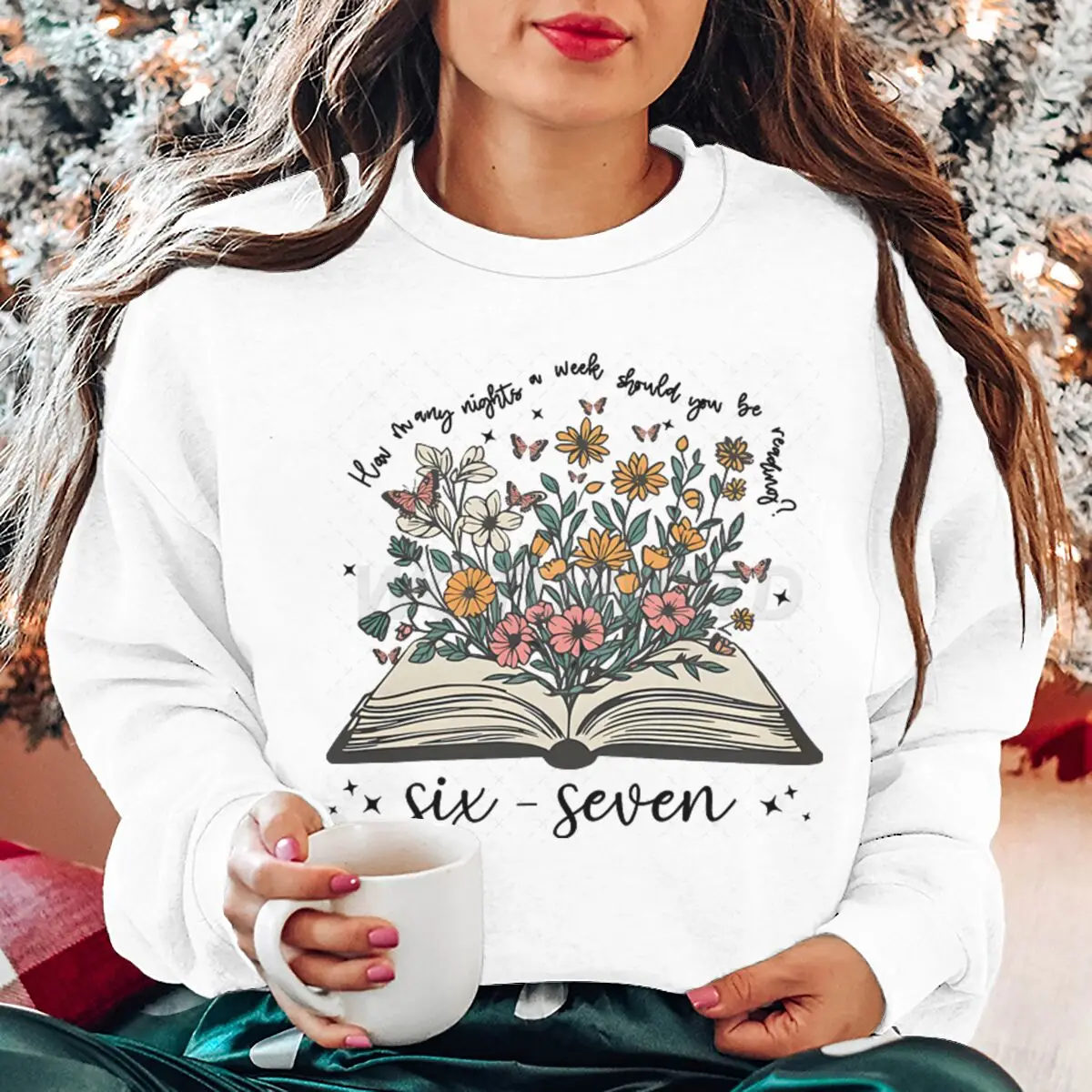 Book and Flower Graphic Sweatshirts Reading Book 6 7 Memes Funny Sweater Long Sleeve Pullovers Book Lover Six Seven Clothing