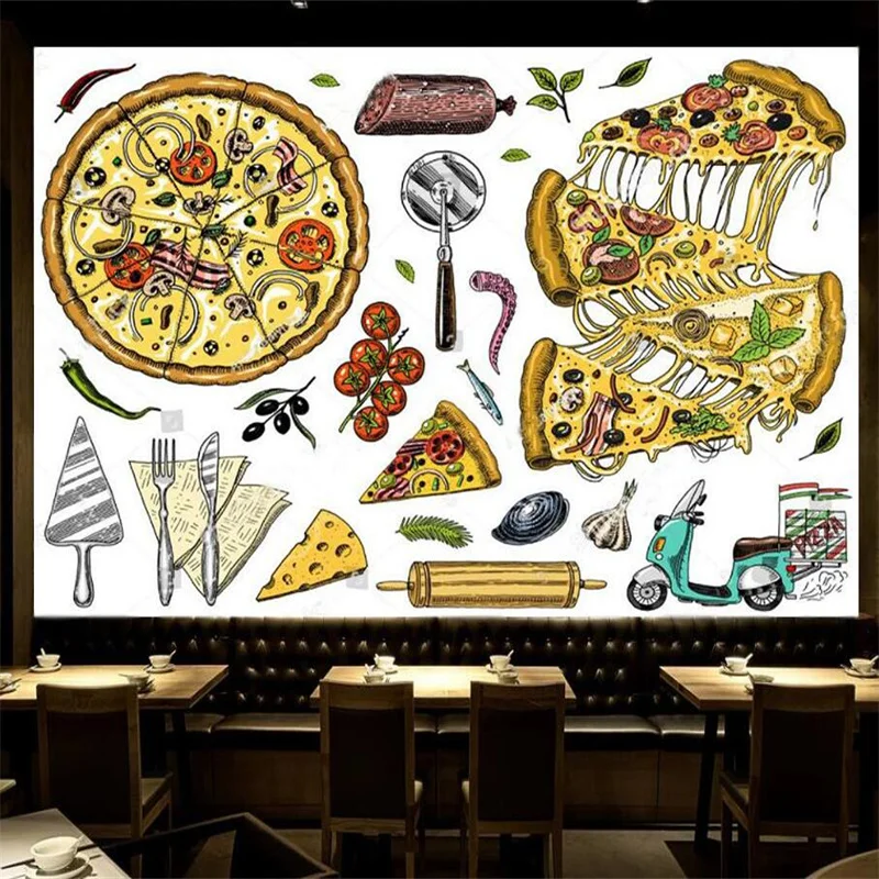 

Cartoon Delicious Pizza Burger Fast Food Wall Paper Snack Shop Restaurant Industrial Decor Peel and Stick Wallpaper Mural