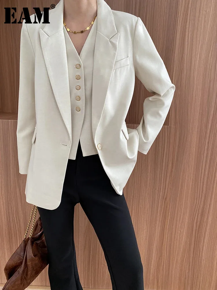 

[EAM] Women Beige Irregular Khaki Big Size Elegant Blazer New Lapel Long Sleeve Jacket Fashion Tide Spring Autumn 2024 1DH7391