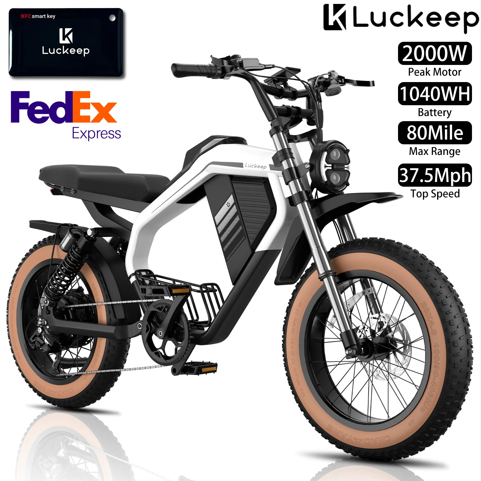 

Электрический мотоцикл для взрослых Luckeep M5 Max 20x4,0 дюйма, 2000 Вт, 37,5 миль в час, 80 миль, 52 В, 20 Ач, внедорожный электрический велосипед