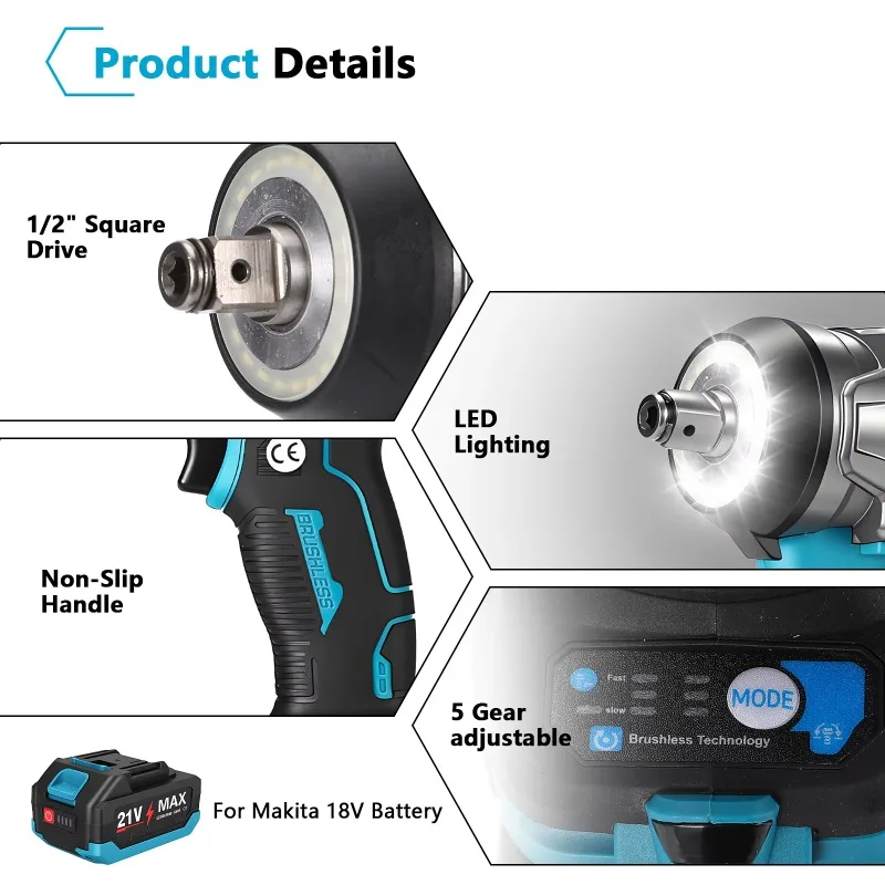 TXF【Best Choice】1200N.m Brushless Electric Impact Wrench 5 Gears 1/2 ''Cordless Screwdriver Car Repair Power Tool For   18V Batt