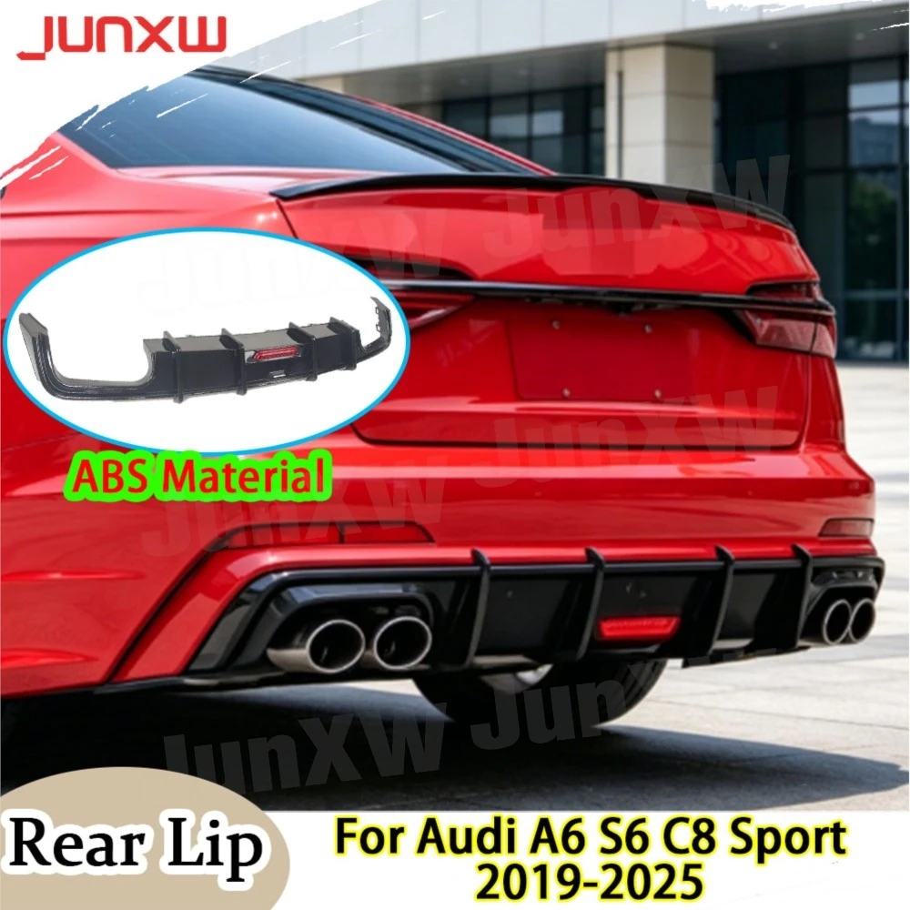 ABS Gloss Black Rear Bumper Lip Diffuser Spoiler With Lamp for Audi A6 S6 C8 Sport 2019-2025 Rear Diffuser Body Kits Carbon Look