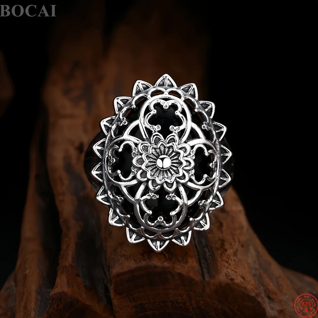 BOCAI S925 Sterling Silver Stud Earrings for Men Women Hollow Flowers Black Agate Pendant Rings Fashion Fine Choice Jewelry