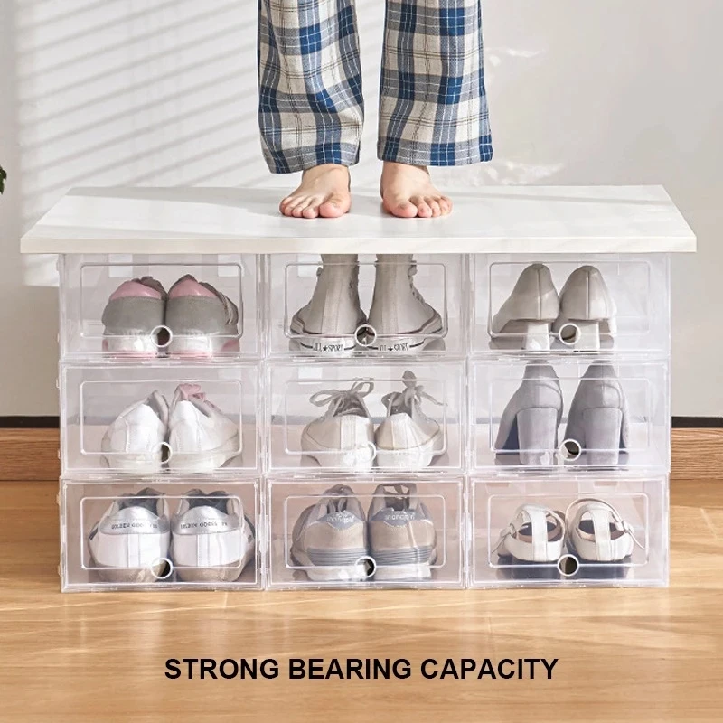 Wholesal Clear 12pcs Shoe Box Set Foldable Storage Plastic Transparent Door Home Closet Organizer Case Shelf  Stack Display Case