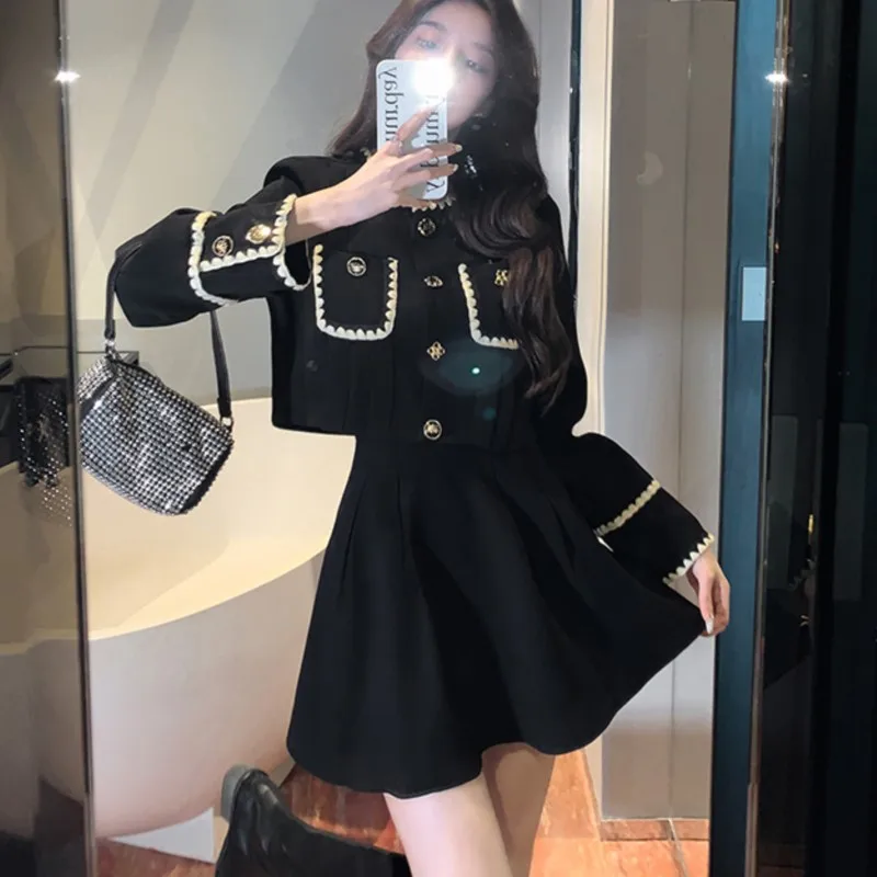 Autumn New Elegant Two-Piece Skirt Sets Women Korean Fashion Chic Crop Jacket Coat Solid Mini Skirt Female Clothing Y2K Outfits