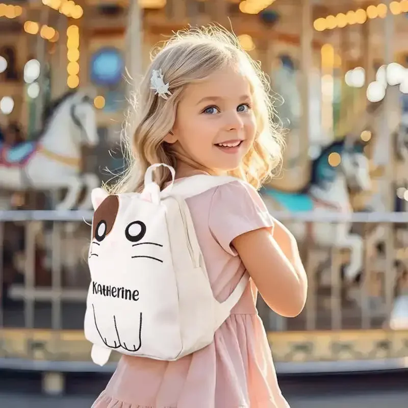 Embroidery Name Korean Style Backpack -Personalized Cute Cat Canvas Design Schoolbag Fashionable Durable Daily Campus Essential
