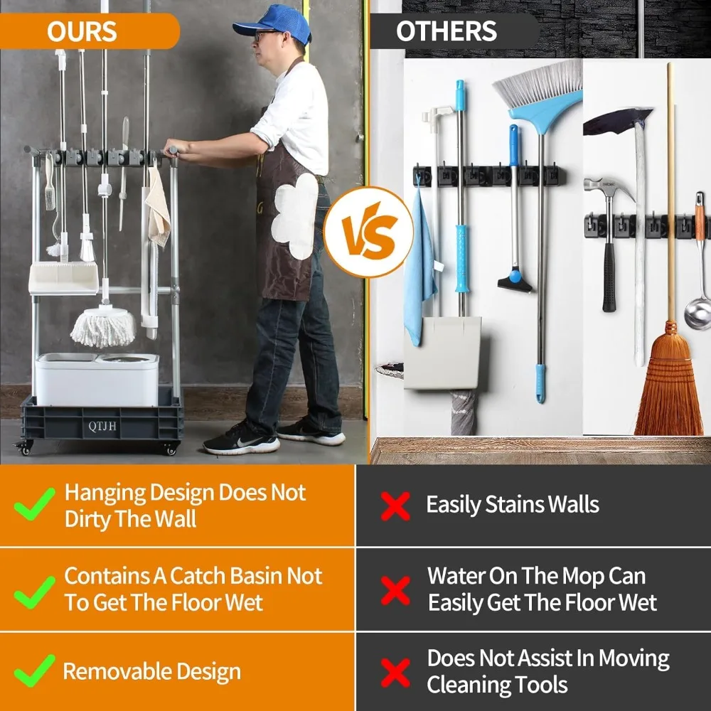 منظم مستلزمات التنظيف بعجلات للتدبير المنزلي الفعال في المرآب والحدائق