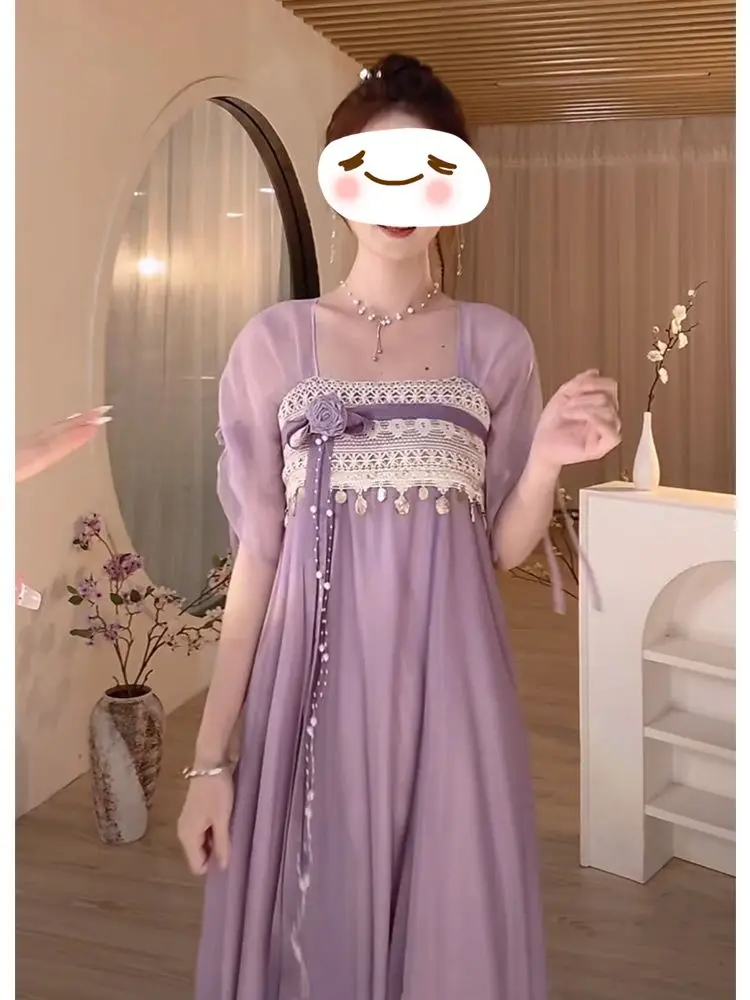 Chinese Ethnic Style Improved Chest Length Purple Summer New Style Oriental Style Big Skirt Fairy Style Hanfu Dress For Women