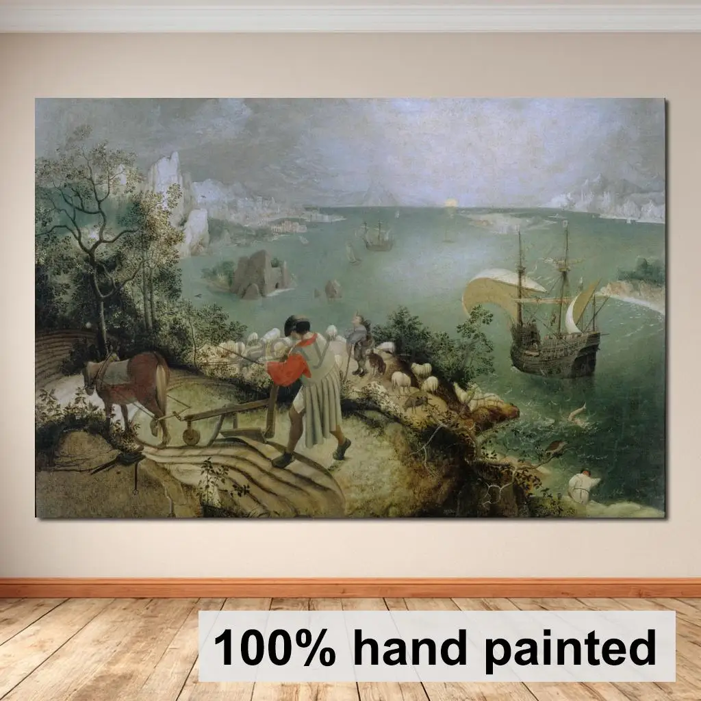 Handmade Classical Canvas Art Landscape with Fall Icarus by Pieter Bruegel Elder Realist Oil Painting Large Living Room Decor
