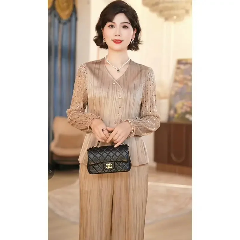 

Gold Silk Satin 2025 Spring New top Pants Two-piece Set Temperament Women's Clothing Elegant age Reduction Slim fit Slimming Set