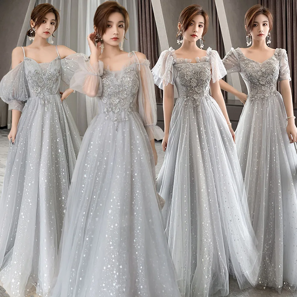 

Elegant 4 Styles Grey Bridesmaid Dress 2024 New Women's Square Collar Appliqued Ruffles Classical Tulle A-Line Party Vestido