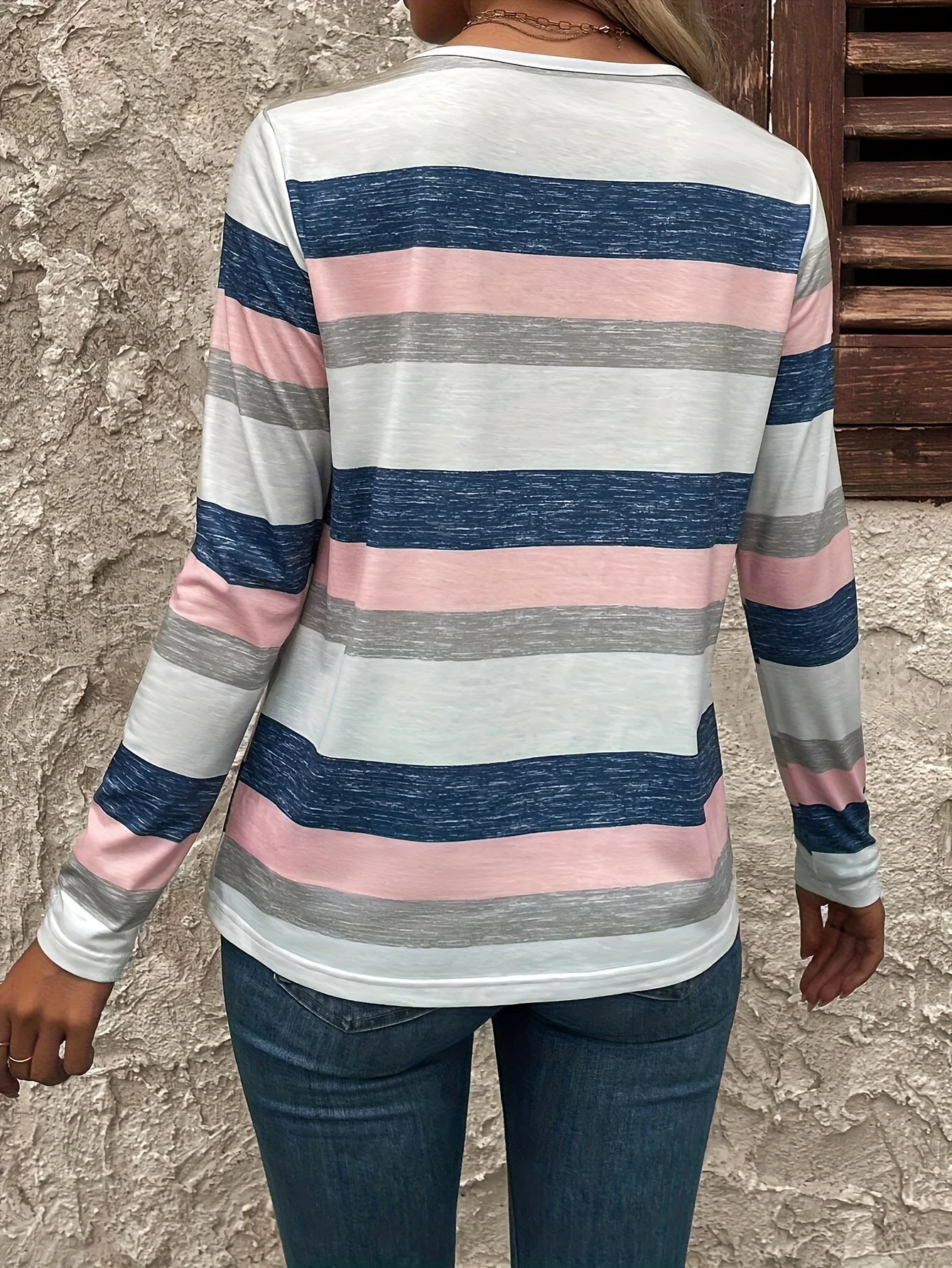 European and American Style Contrast Color Striped V-Neck Button Long-Sleeved T-Shirt Comfortable Slimming Daily Commuter Top