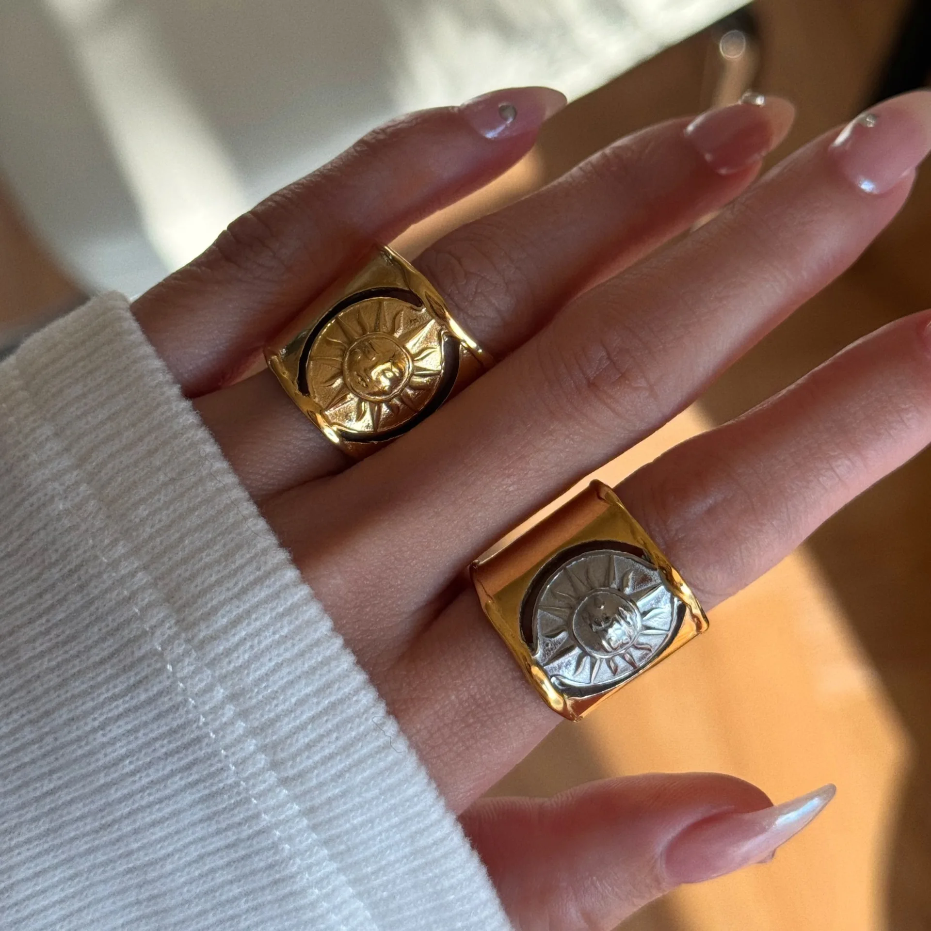 YHTOT Minimalist 18K Gold Color Plated Stainless Steel Wide Face Hollow Ring Sun Ring Ladies Jewelry