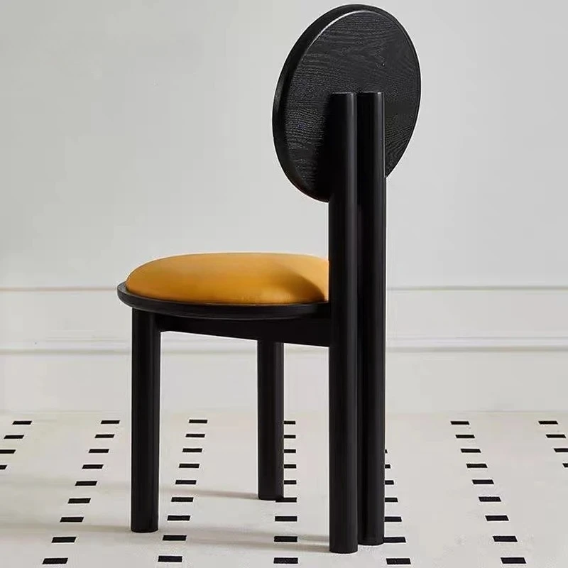 Household With Round Backrest Leather  Surface Of French Retro Style Small-Sized Dining Chair  Solid Wood Frame