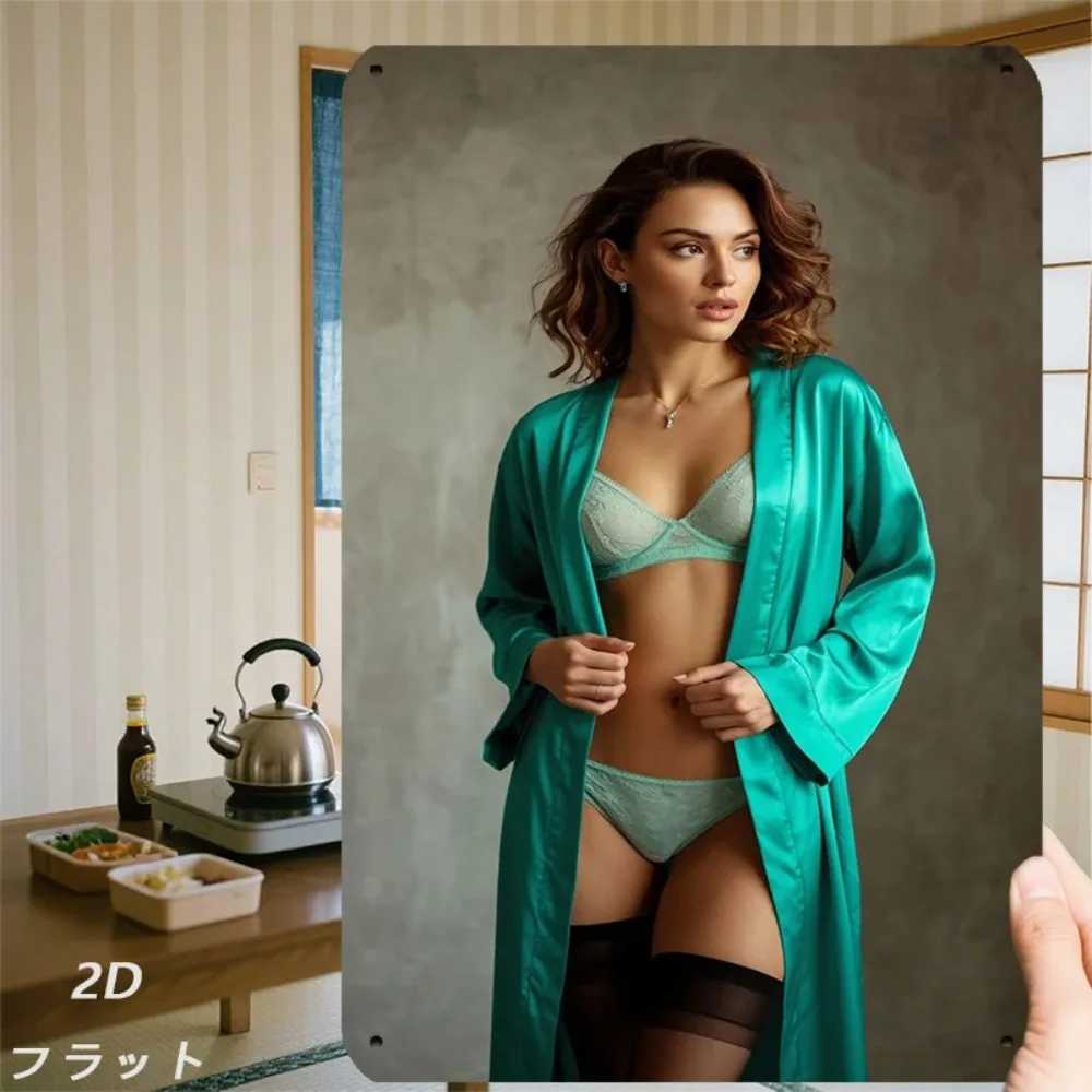 JIT Retro Metal Wall Art 8x12 Inch, Green Silk Robe Woman Iron Sign, Modern Bedroom Decor Home Print