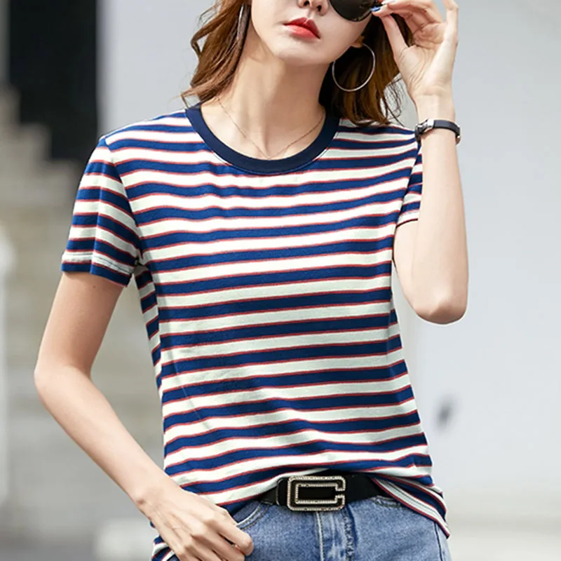 Striped Short Sleeve T-shirt For Women 2025 Summer Clothing O Neck Tees Casual Cotton Tshirts Woman Loose Tops Mujer Camisetas