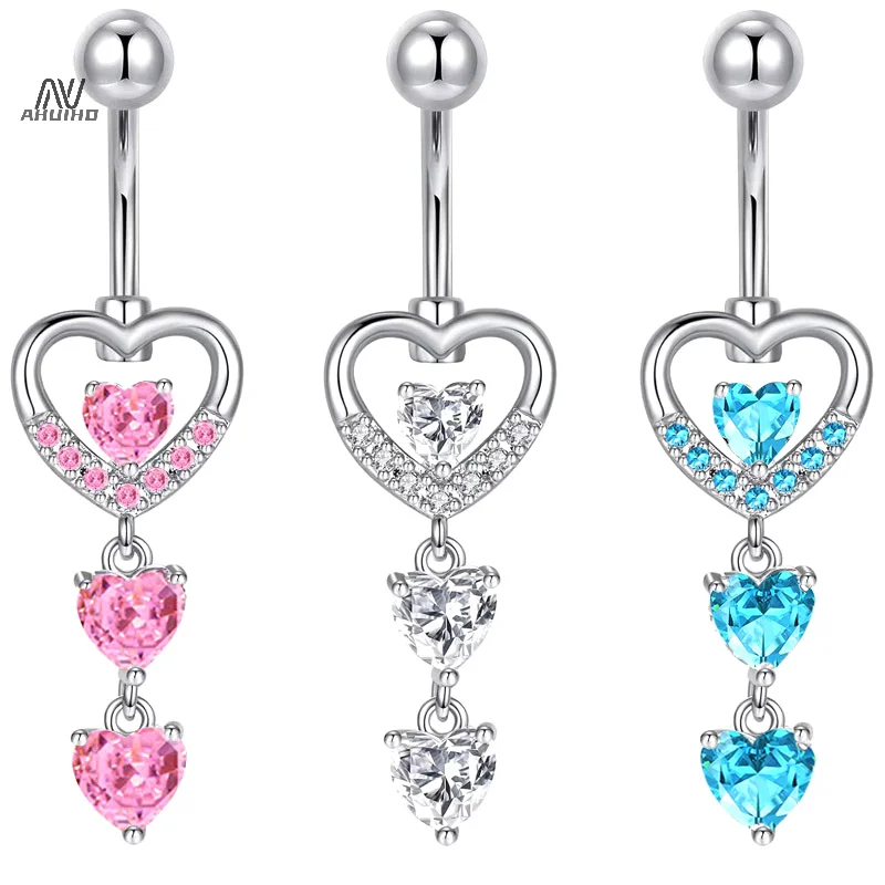 Mode Perzik Hart Hanger Rhinestone Rvs Navel Ring Ornament Voor Vrouwen Lichaam Sieraden