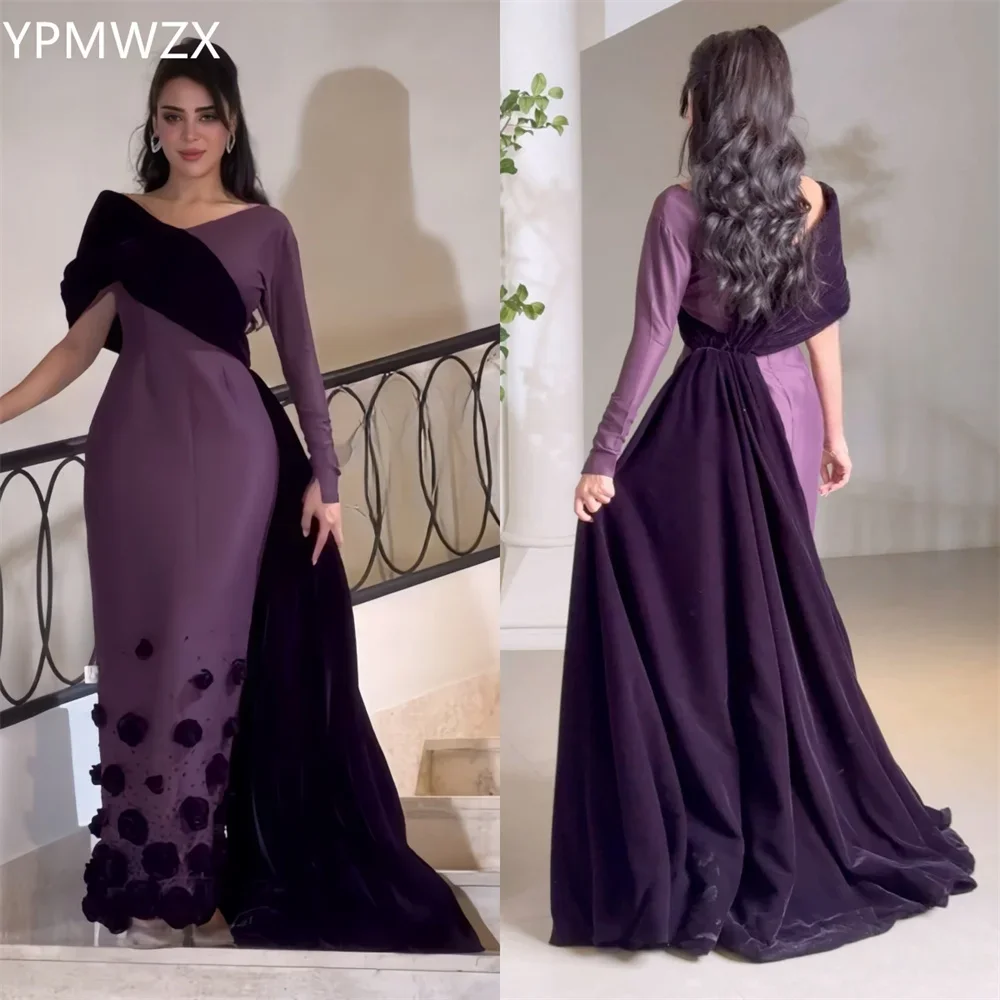 

Customized Prom Gown Evening Women YPMWZX V-neck Column Floor Length Skirts Applique 3D Flower Draped Bespoke Occasion Dresses